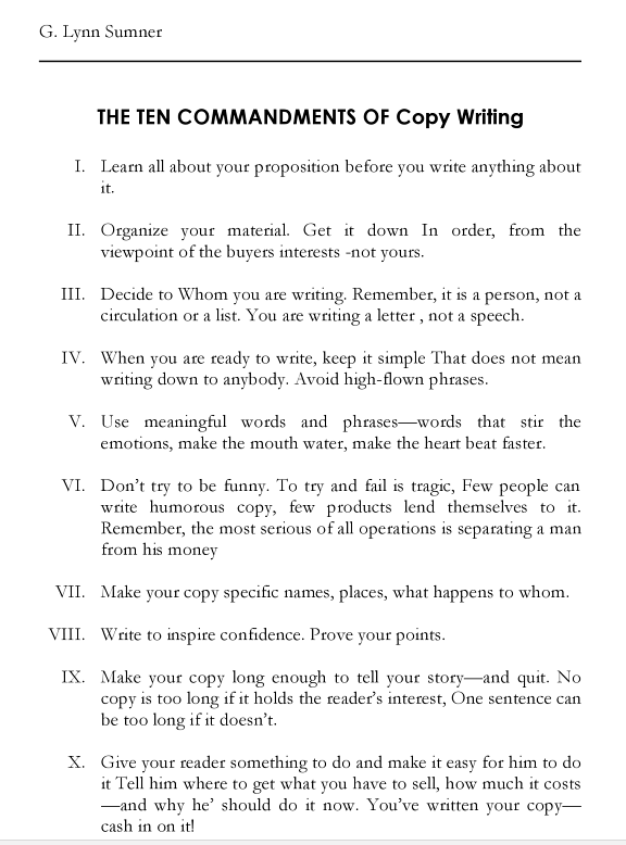 10 copy writing rules- Guy Lynn Sumner 1957